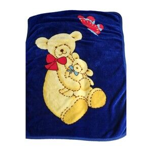 Vintage Baby Blanket Teddy Bear & Butterfly Mink Plush Blue 40' x‎ 55' RARE